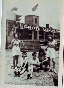 Ruth Racke (second from left) and Norma Combs (second from right) at Grote Manufacturing 1944. (Photo courtesy of Vera Hypes)